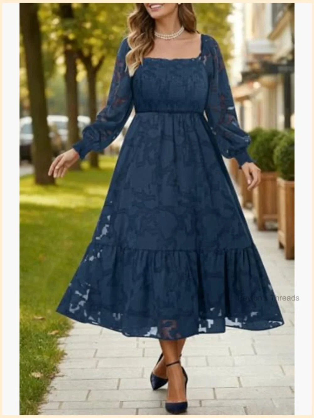 Plus Size Floral Lace A-Line Midi Dress Long Sleeve Fall Wedding Guest